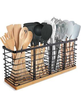 New Extra Large Matte Black Utensil Holder 4 Compartments Wood Base Wall Mount